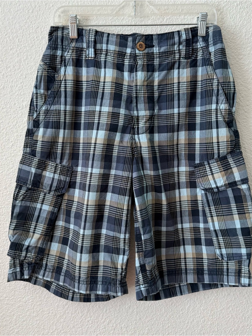 Route 66 Men's Plaid Cargo Shorts Size 34 Blue Tan Cotton Casual Summer